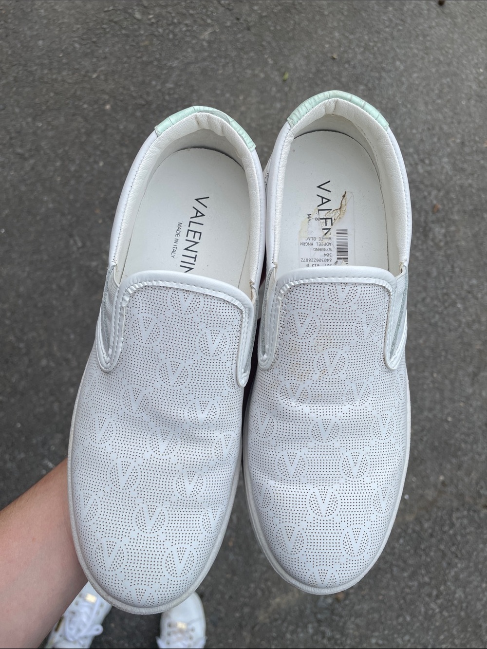 Valentino White Slip-On Perforated V-Logo Sneakers with Mint Heel Tab